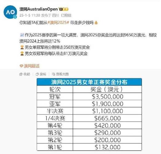 澳网冠军奖金多少人民币？单打冠军奖金超你想象！