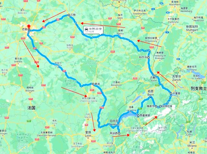 瑞士到法国的距离及旅行时间：几个小时？